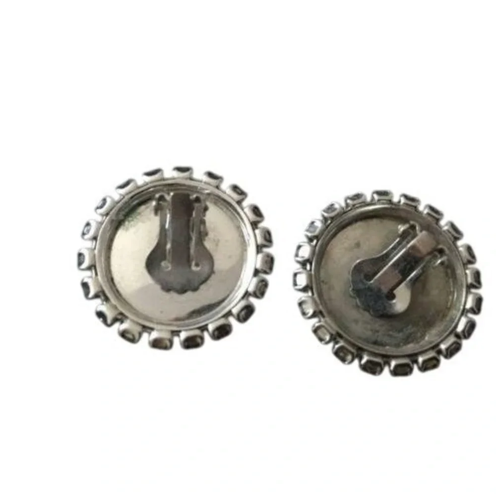 Vintage Faux Pearl Black‎ Enamel Smoky Rhinestone Silver Plated Clip On Earrings